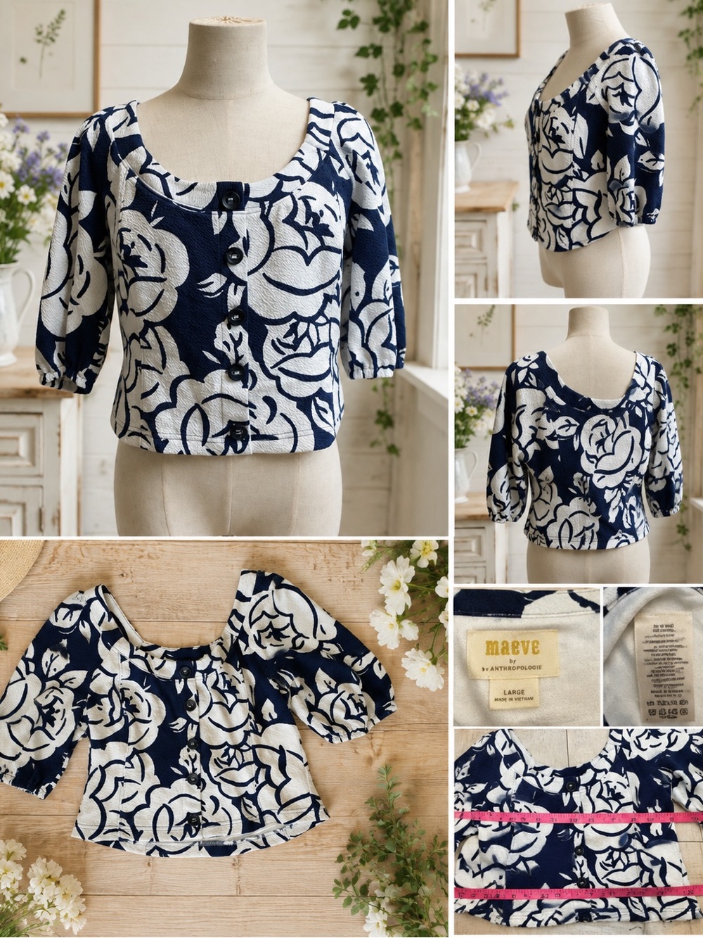 Maeve Navy & White Floral Scoop-Neck Button Blouse